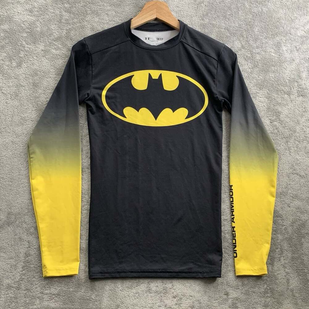 Batman Under Armour Compression Shirt Mens S Black Yellow Long Sleeve DC Comics